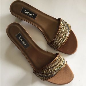 Indeed, bronze beaded sandals, 10M, New, $35 Firm.